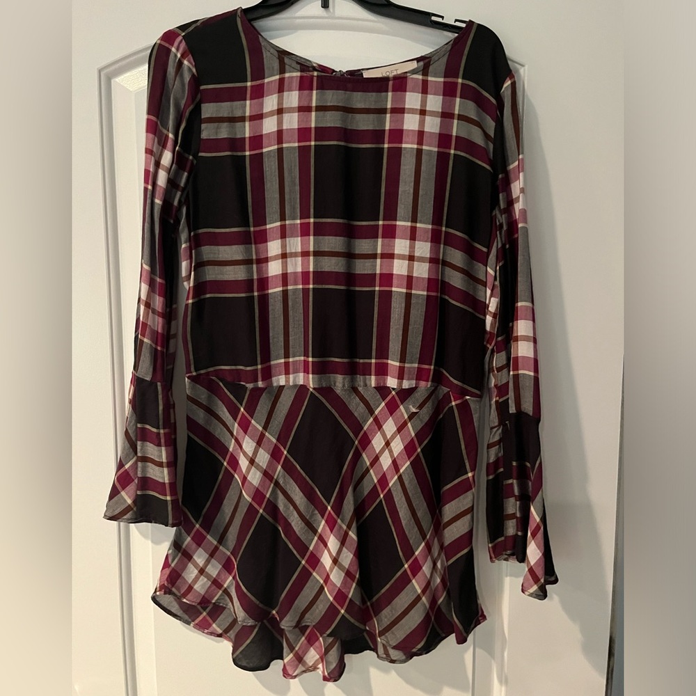 Loft blouse size medium, burgundy and black plaid, great for fall.